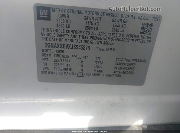 3GNAXSEVXJS546273 2018 CHEVROLET EQUINOX White Engine compartment view