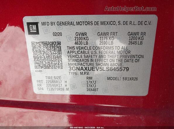 3GNAXUEV5LS645579 2020 CHEVROLET EQUINOX Red 