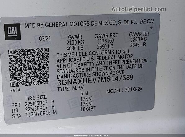 3GNAXUEV7MS147689 2021 CHEVROLET EQUINOX White ძრავის განყოფილების ხედი