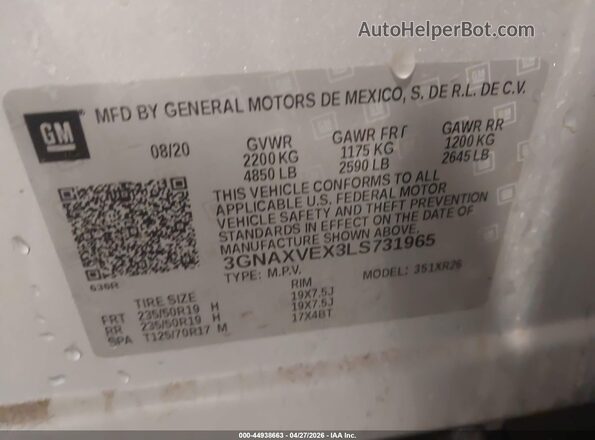 3GNAXVEX3LS731965 2020 CHEVROLET EQUINOX Silver Engine compartment view