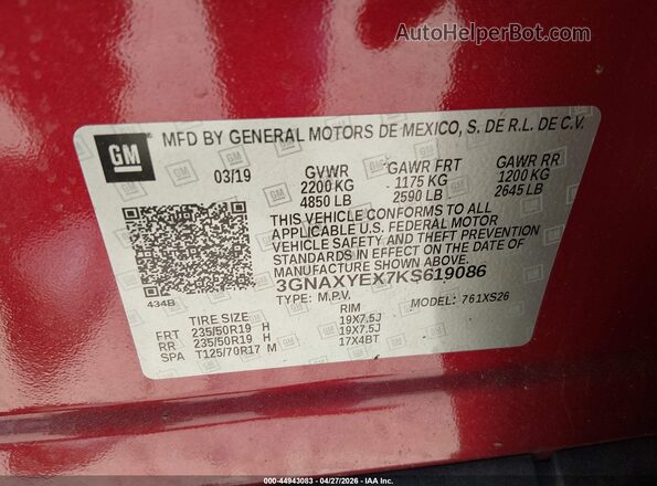 3GNAXYEX7KS619086 2019 CHEVROLET EQUINOX Бордовый 