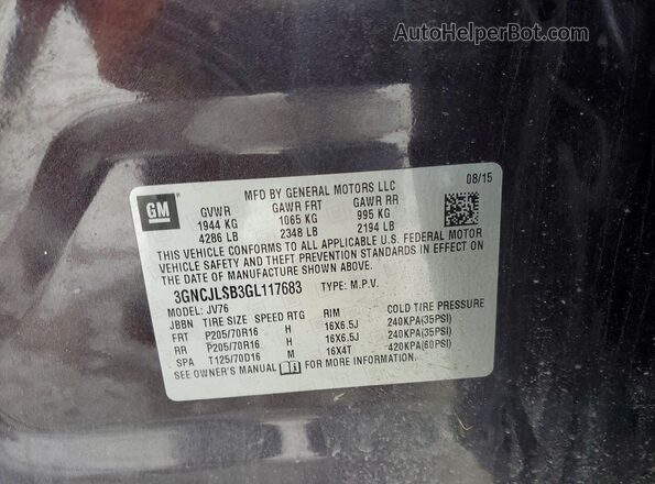 3GNCJLSB3GL117683 2016 CHEVROLET TRAX Gray VIN კოდის სტიკერის ხედი