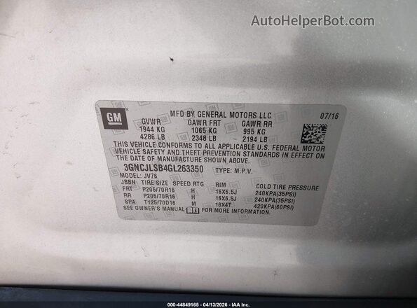 3GNCJLSB4GL263350 2016 CHEVROLET TRAX Silver Շարժիչի բաժամունքի տեսք
