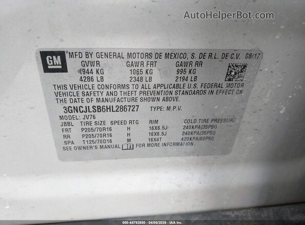 3GNCJLSB6HL286727 2017 CHEVROLET TRAX Silver Engine compartment view
