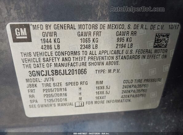3GNCJLSB6JL201066 2018 CHEVROLET TRAX Blue Շարժիչի բաժամունքի տեսք