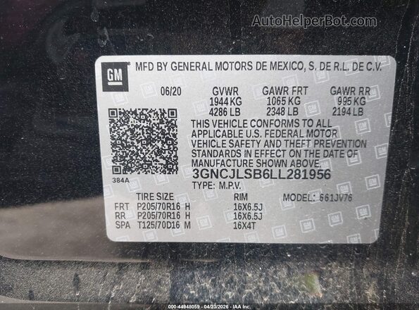 3GNCJLSB6LL281956 2020 CHEVROLET TRAX Black 