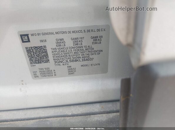 3GNCJLSB8KL164037 2019 CHEVROLET TRAX Серый 