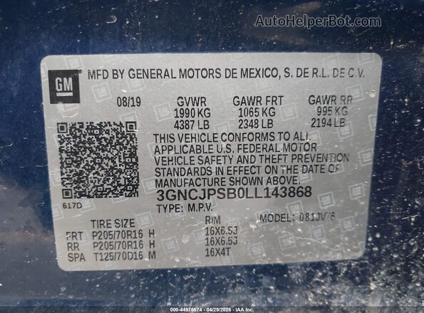 3GNCJPSB0LL143868 2020 CHEVROLET TRAX Blue Vista del compartimento del motor