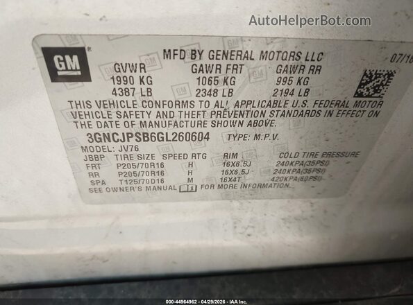 3GNCJPSB6GL260604 2016 CHEVROLET TRAX Серебряный Вид подкапотного пространства