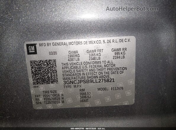 3GNCJPSB9LL275821 2020 CHEVROLET TRAX Gray Vista del compartimento del motor