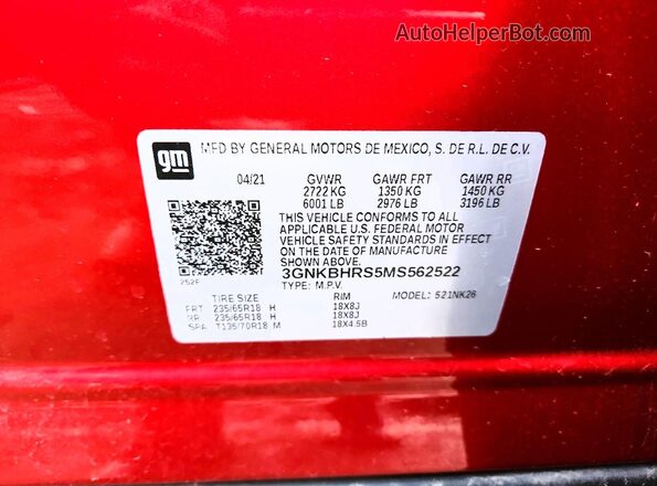 3GNKBHRS5MS562522 2021 CHEVROLET BLAZER Red Vista de la etiqueta del VIN