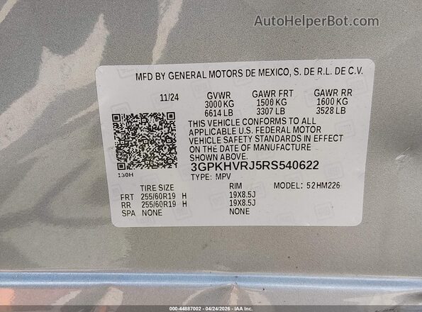 3GPKHVRJ5RS540622 2024 HONDA PROLOGUE Gray Շարժիչի բաժամունքի տեսք