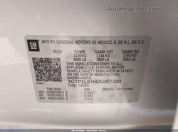 3GTP1LEH4JG407280 2018 GMC SIERRA Silver Вид підкапотного простору