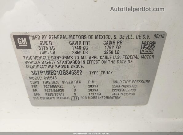 3GTP1MEC1GG346392 2016 GMC SIERRA White Engine compartment view
