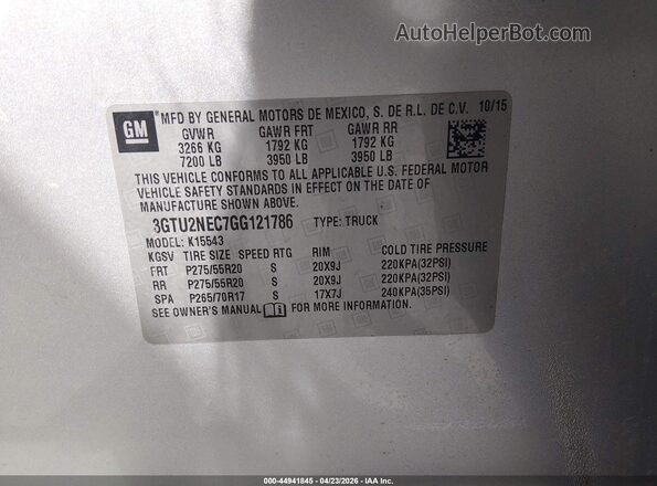 3GTU2NEC7GG121786 2016 GMC SIERRA Silver Vista del compartimento del motor