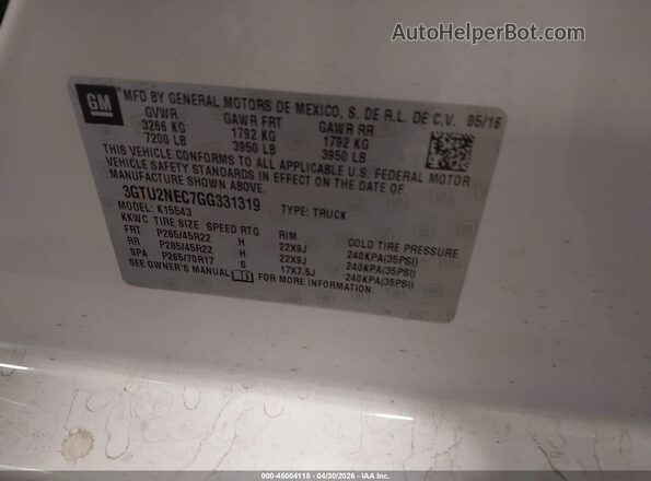 3GTU2NEC7GG331319 2016 GMC SIERRA White 