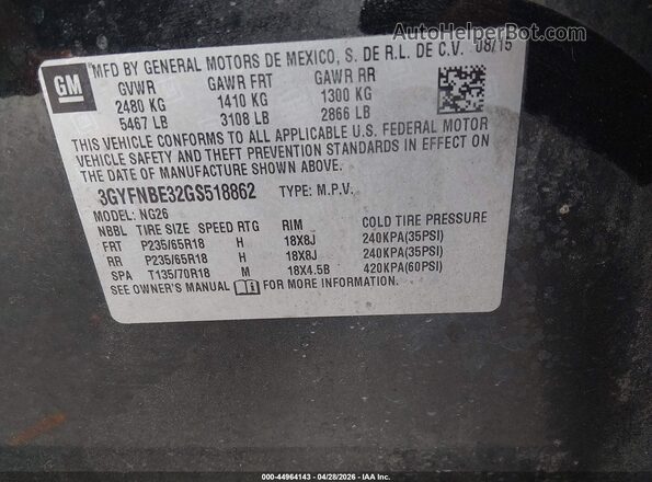 3GYFNBE32GS518862 2016 CADILLAC SRX Black Շարժիչի բաժամունքի տեսք