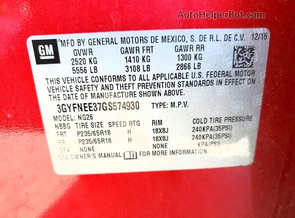 3GYFNEE37GS574930 2016 CADILLAC SRX Red Vista del compartimento del motor