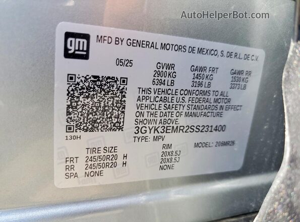 3GYK3EMR2SS231400 2025 CADILLAC OPTIQ Silver Вид наклейки з VIN-кодом