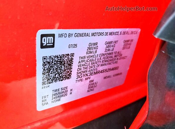 3GYK3EMR4SS254693 2025 CADILLAC OPTIQ Orange VIN կոդի պիտակի տեսք