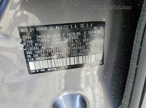 3HGGK5H44KM703700 2019 HONDA FIT Gray 