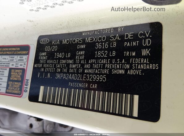 3KPA24AD2LE329995 2020 KIA RIO White Vista del compartimento del motor