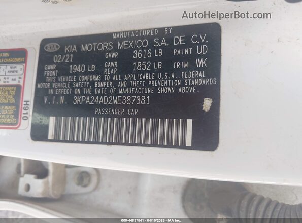 3KPA24AD2ME387381 2021 KIA RIO White Շարժիչի բաժամունքի տեսք