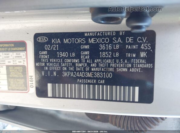 3KPA24AD3ME383100 2021 KIA RIO Silver Vista del compartimento del motor