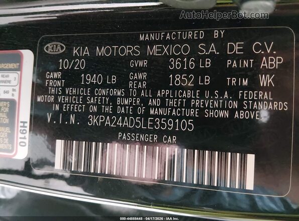 3KPA24AD5LE359105 2020 KIA RIO Black ძრავის განყოფილების ხედი