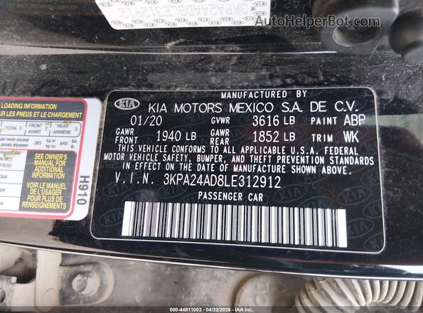 3KPA24AD8LE312912 2020 KIA RIO Black Engine compartment view