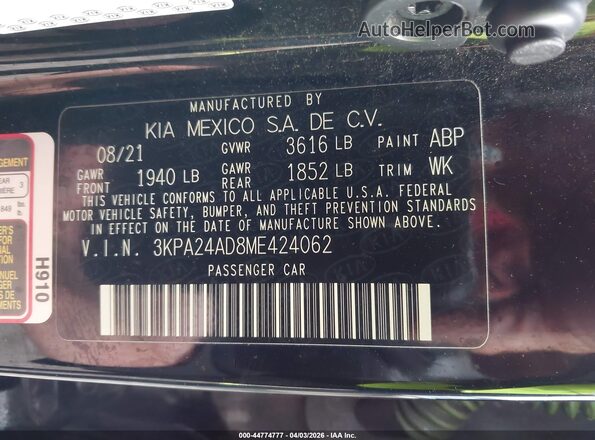 3KPA24AD8ME424062 2021 KIA RIO Black Engine compartment view