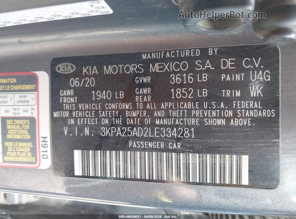 3KPA25AD2LE334281 2020 KIA RIO 5-DOOR Gray Engine compartment view