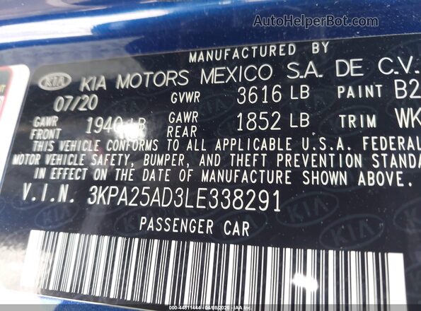 3KPA25AD3LE338291 2020 KIA RIO 5-DOOR Blue Вид підкапотного простору