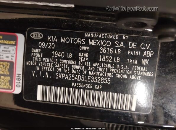 3KPA25AD5LE352855 2020 KIA RIO 5-DOOR Black Շարժիչի բաժամունքի տեսք