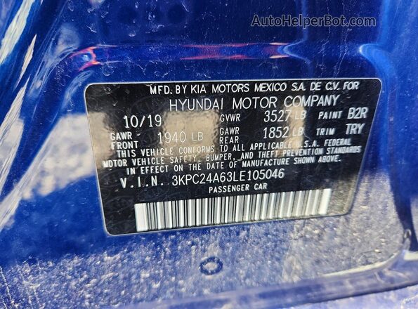 3KPC24A63LE105046 2020 HYUNDAI ACCENT Blue Vista del compartimento del motor
