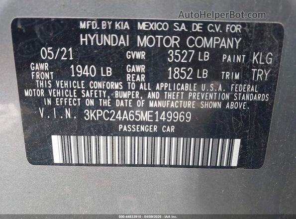 3KPC24A65ME149969 2021 HYUNDAI ACCENT Серебряный Вид подкапотного пространства