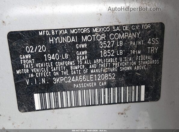 3KPC24A66LE120852 2020 HYUNDAI ACCENT Gray Vista del compartimento del motor