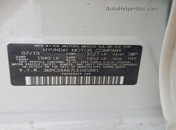 3KPC24A67LE095881 2020 HYUNDAI ACCENT White Widok naklejki z numerem VIN