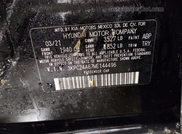 3KPC24A67ME144496 2021 HYUNDAI ACCENT Black VIN კოდის სტიკერის ხედი