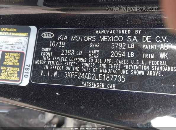 3KPF24AD2LE187735 2020 KIA FORTE Black Engine compartment view