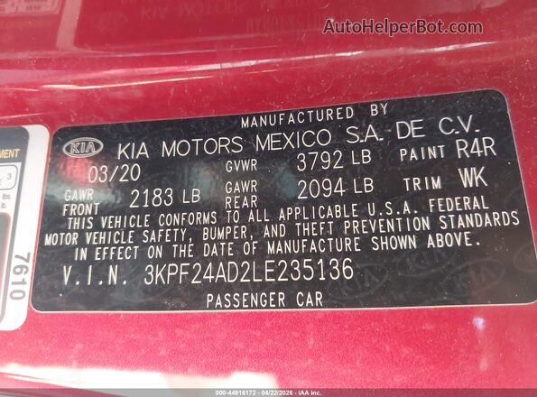 3KPF24AD2LE235136 2020 KIA FORTE Red Widok komory silnika