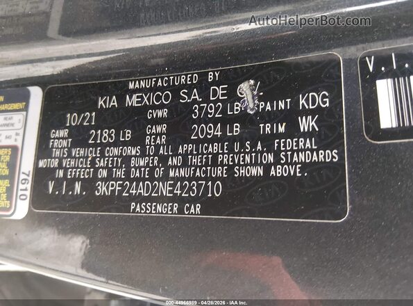 3KPF24AD2NE423710 2022 KIA FORTE Gray Widok komory silnika