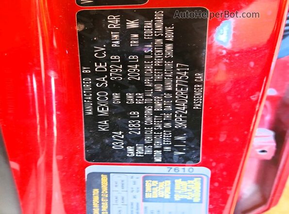 3KPF24AD2RE775417 2024 KIA FORTE Red ძრავის განყოფილების ხედი