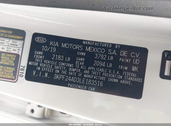 3KPF24AD3LE183516 2020 KIA FORTE White ძრავის განყოფილების ხედი