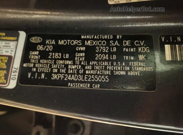 3KPF24AD3LE255055 2020 KIA FORTE Charcoal Widok naklejki z numerem VIN
