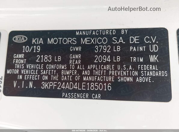 3KPF24AD4LE185016 2020 KIA FORTE White Engine compartment view