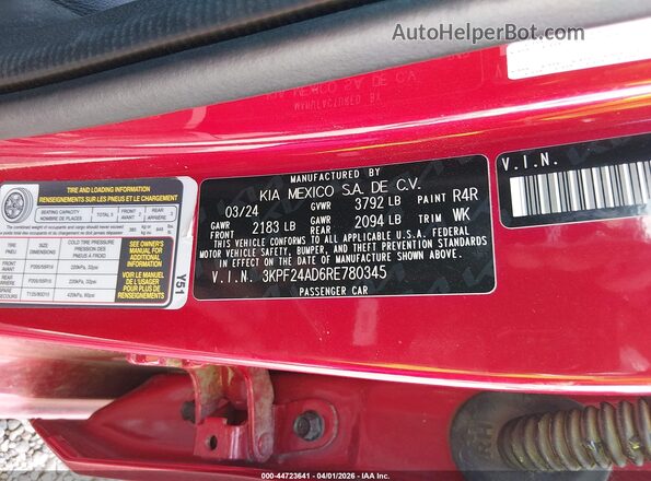 3KPF24AD6RE780345 2024 KIA FORTE Red Widok komory silnika