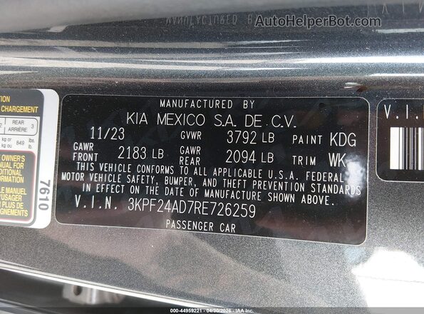 3KPF24AD7RE726259 2024 KIA FORTE Gray Շարժիչի բաժամունքի տեսք