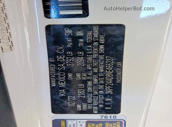 3KPF24AD8NE466237 2022 KIA FORTE Белый Вид наклейки с VIN-кодом