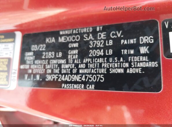 3KPF24AD9NE475075 2022 KIA FORTE Orange Շարժիչի բաժամունքի տեսք